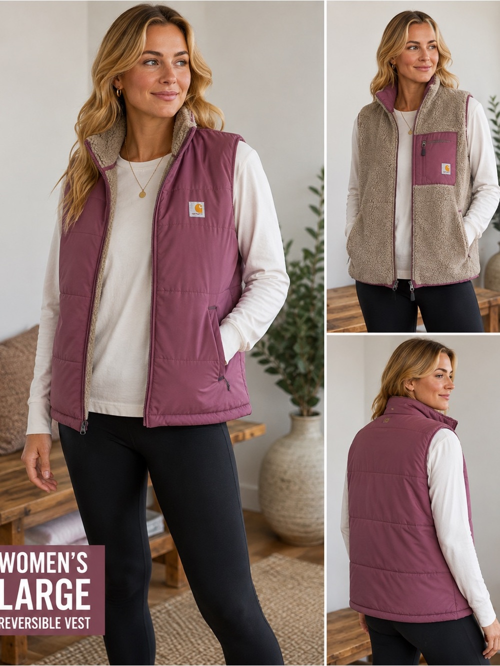 Carhartt Women's large Reversible Mauve Puffer & Sherpa Vest